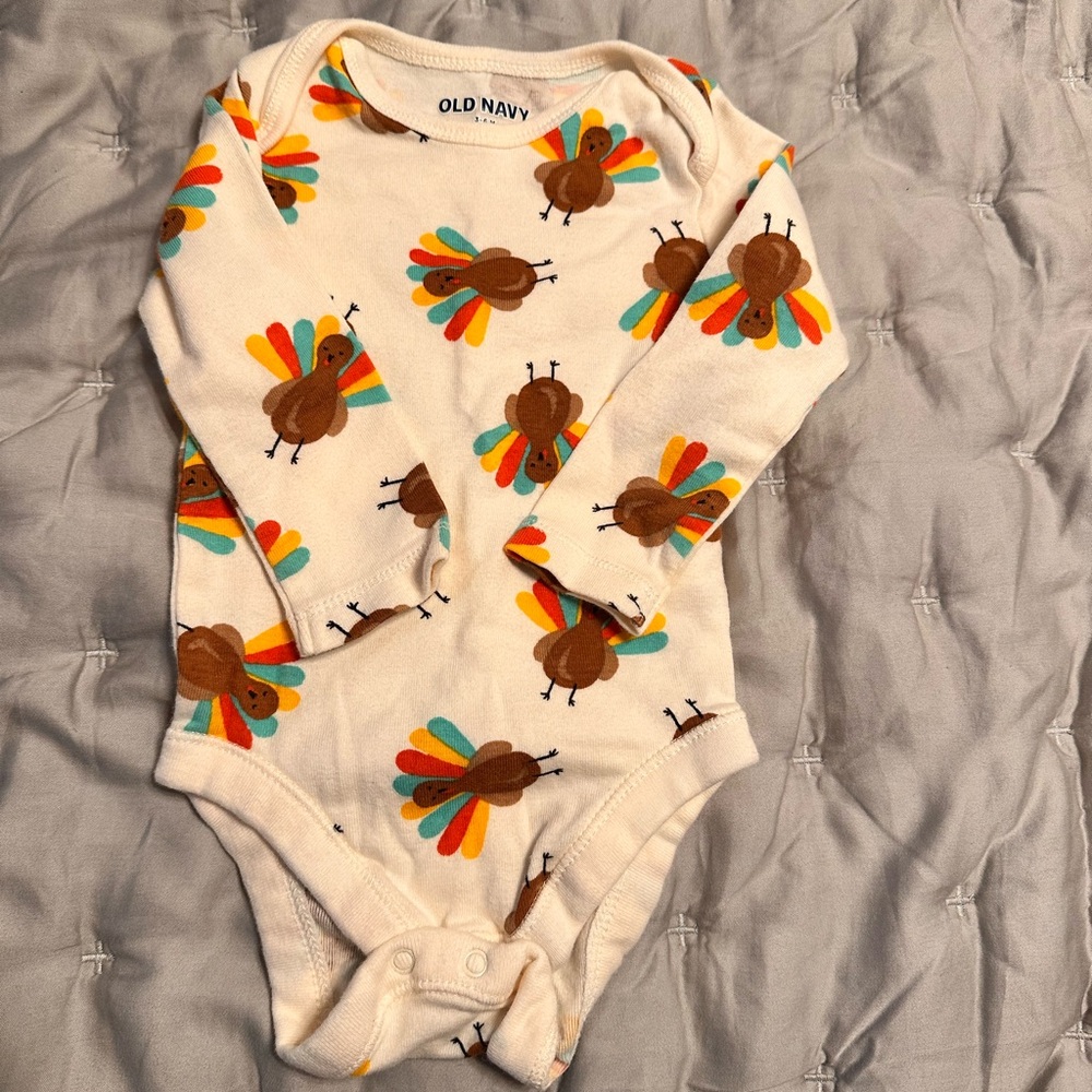 Old Navy Cream Long-Sleeve Turkey Print One-Piece